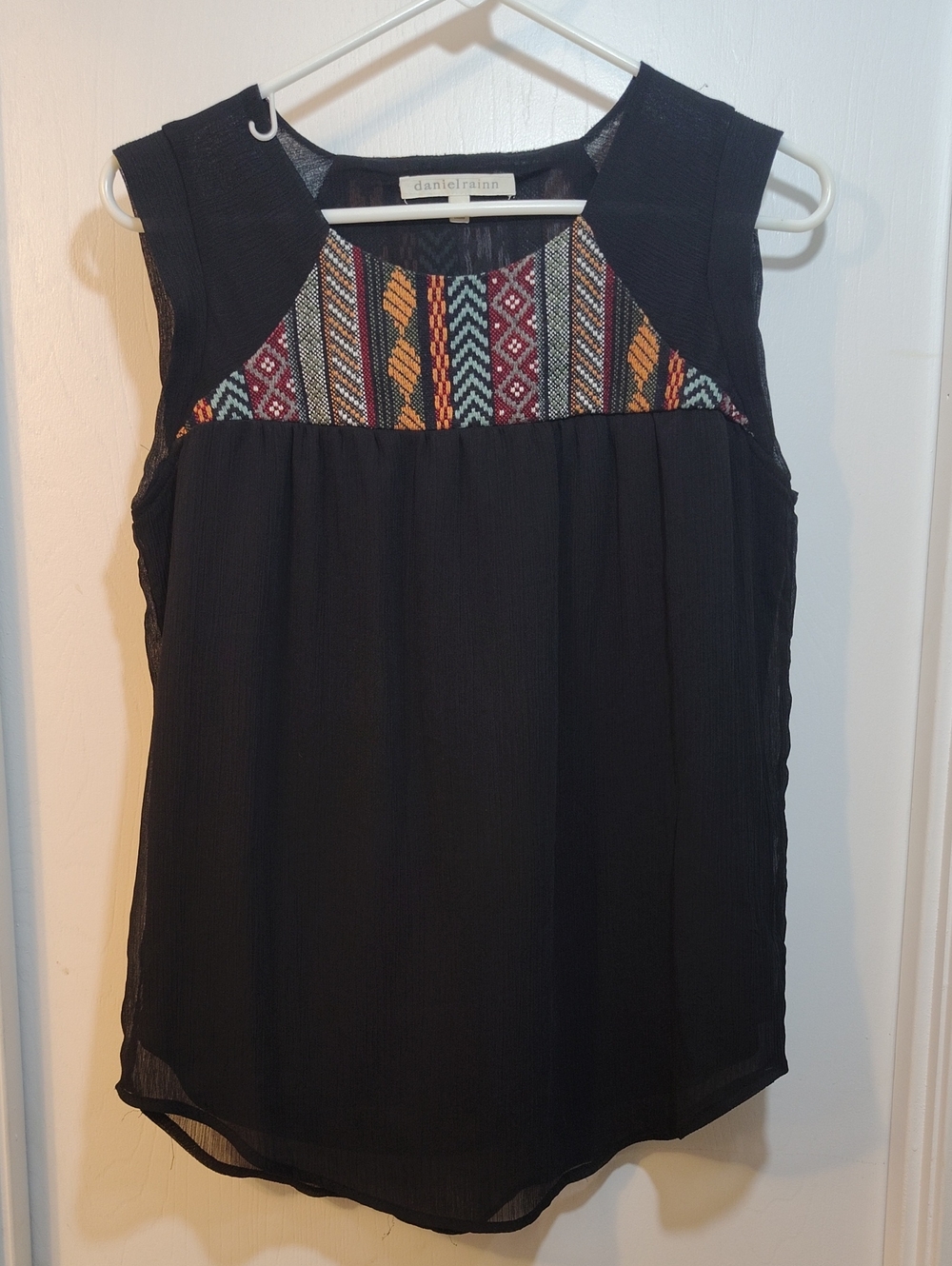 Daniel Rainn Black Sleeveless Tank with Multicolor Embroidered Yoke